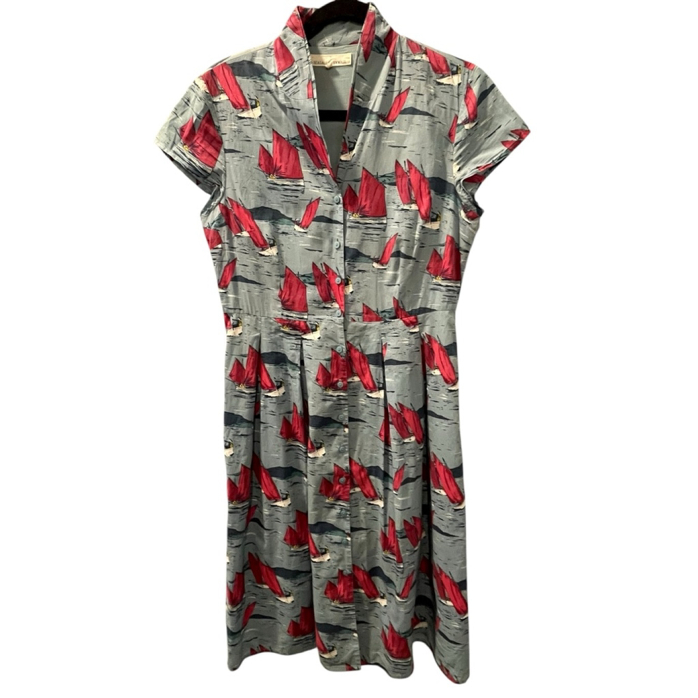 Vintage-Inspired Red Sailboat Print Midi Dress